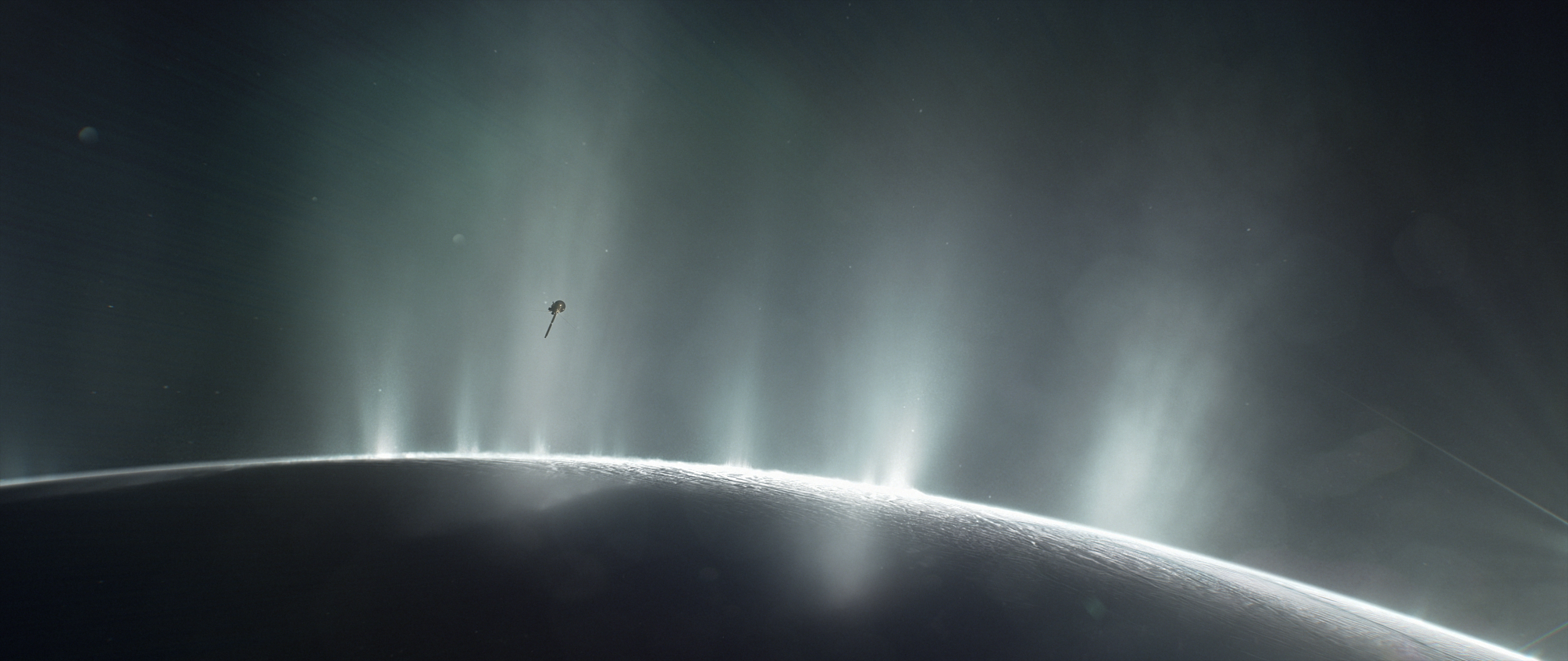 Illustration showing Cassini flying through Enceladus plume.