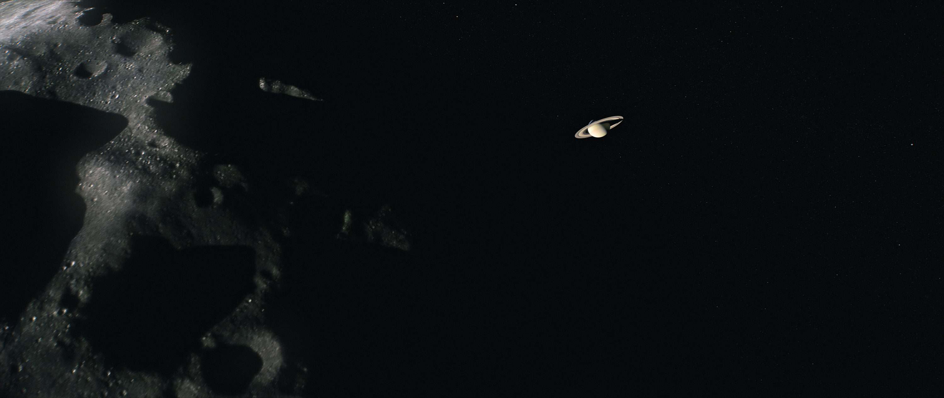 Illustration of Phoebe with Saturn in the distance.