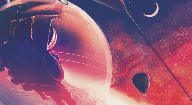 This Exoplanet Travel Bureau poster illustration shows futuristic explorers