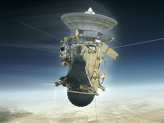 Illustration of Cassini entering Saturn's atmosphere.