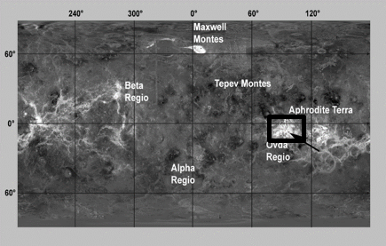 Magellan Radar mosaic of Venus; the Ovda Fluctus lava flow at the arrow’s point. Image credit: NASA